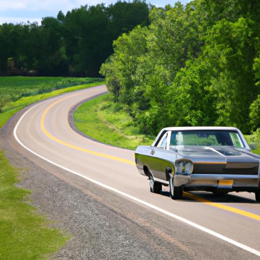 Experience the smooth ride of a 1966 Ford Galaxie 500 4-door on a picturesque country drive.