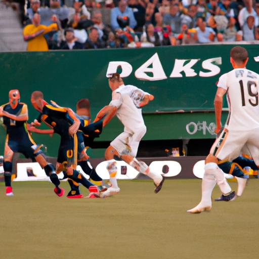 The LA Galaxy and Portland Timbers engage in a fierce battle on the pitch, showcasing their skills and determination.