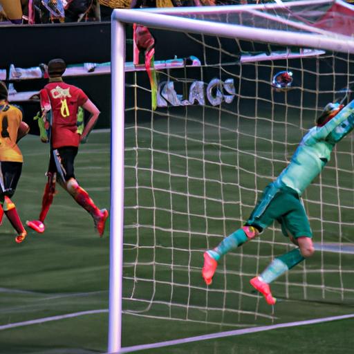 The Atlanta United forward challenges the LA Galaxy defenders in an intense match.