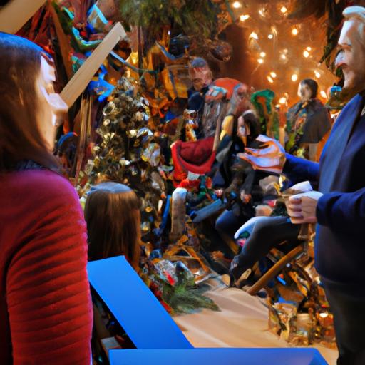 The director of the holiday special engaging with the cast on a set adorned with holiday decorations.