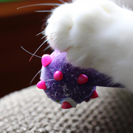 A curious feline uses its paw to bat at a Jackson Galaxy toy, engaging in playful behavior.