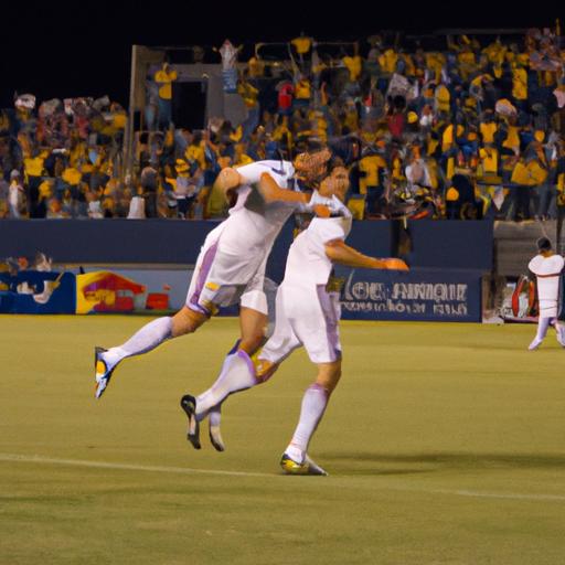 An ecstatic player celebrating a goal during the LA Galaxy vs New York Red Bulls match.