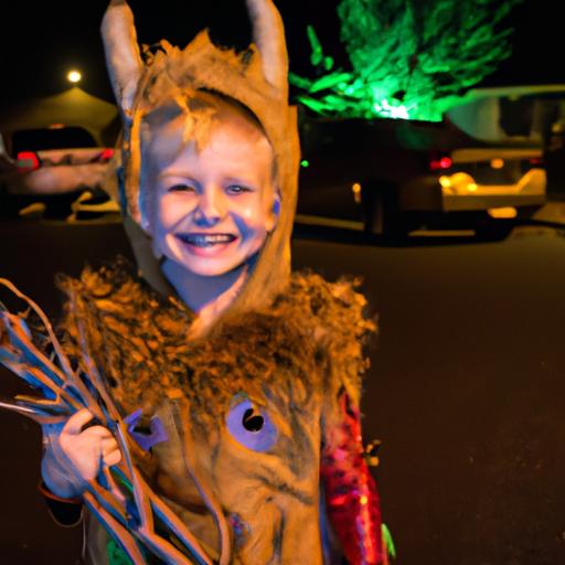 Adorable kid cosplaying as Baby Groot and enjoying Halloween festivities.