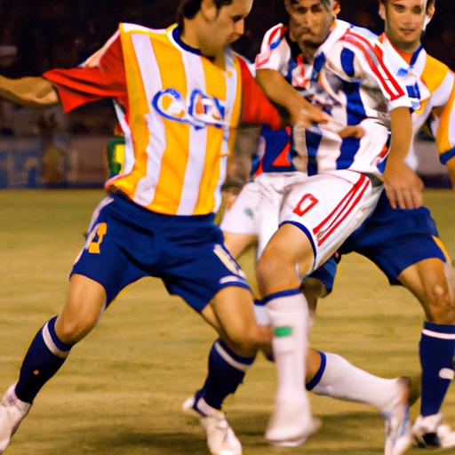 Intense moment as Chivas and Galaxy players fight for control of the ball.