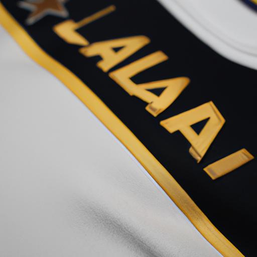 The LA Galaxy 2022 jersey showcases intricate details of the team's logo and sponsor branding.