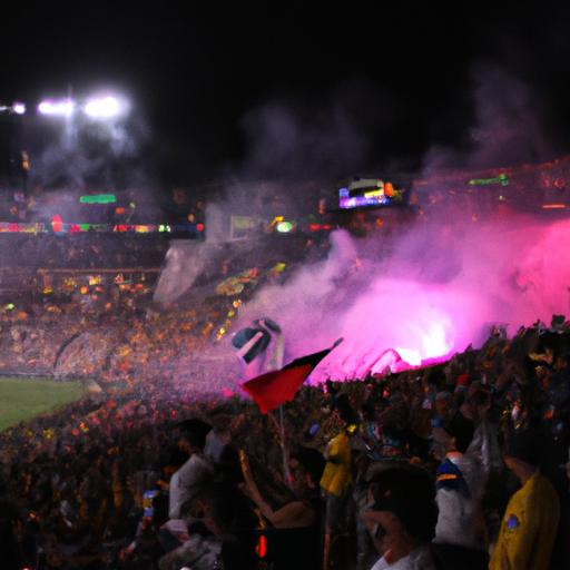 Energetic fans cheering for the Colorado Rapids and LA Galaxy during a heated match
