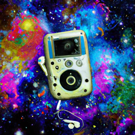 Lost in the cosmic tunes: a surreal image showcasing a Guardians of the Galaxy Walkman in a celestial setting.