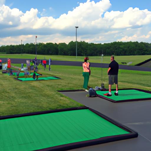 Golfers practicing their swing at the state-of-the-art driving range of Golf Galaxy in Columbia, MD.