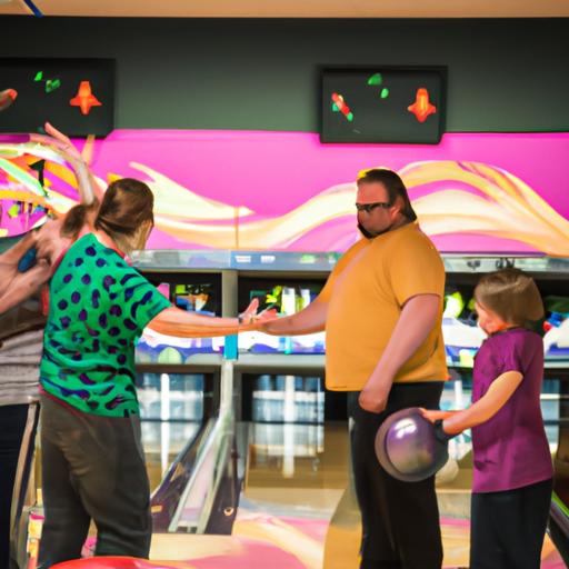 Parents and children bonding over a friendly bowling tournament at the AMF Galaxy East Lanes.