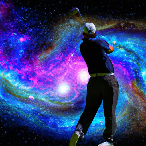 Golfer teeing off amidst the beauty of the cosmos in a galaxy games and golf tournament.