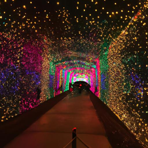 Families walking through the mesmerizing light tunnel at Galaxy of Lights Huntsville.