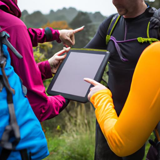 Outdoor enthusiasts using the rugged Galaxy Tab Active4 Pro for accurate navigation while hiking.