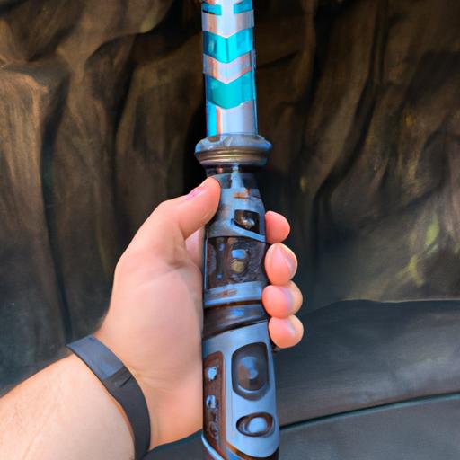 A lucky visitor proudly displays their newly acquired Galaxy's Edge DarkSaber.