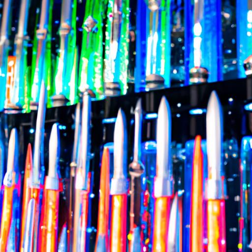 A colorful assortment of lightsaber parts, each representing a different blade color option.