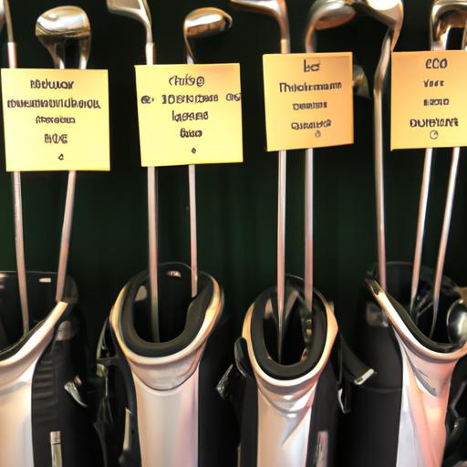 Different golf clubs and equipment with clear return eligibility labels at Golf Galaxy.