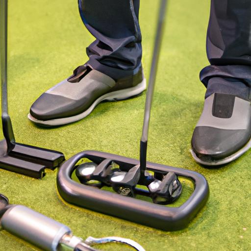 A golfer trying out different putters to find the perfect fit during a putter fitting session at Golf Galaxy.