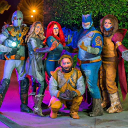 Fans cosplaying as the Guardians of the Galaxy strike a pose amidst a vibrant sci-fi backdrop.