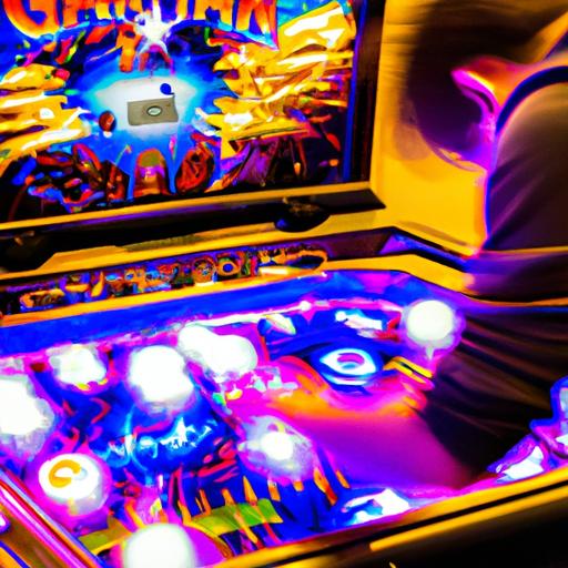 A triumphant player celebrates their victory after achieving a record-breaking score on the Guardians of the Galaxy Pinball machine.