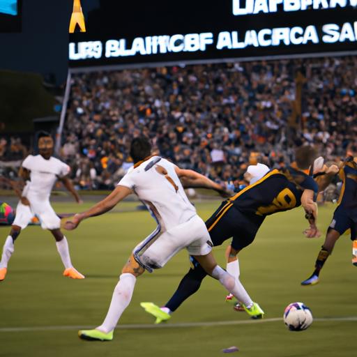 Los Angeles FC and LA Galaxy players battling it out on the field in a heated rivalry match.