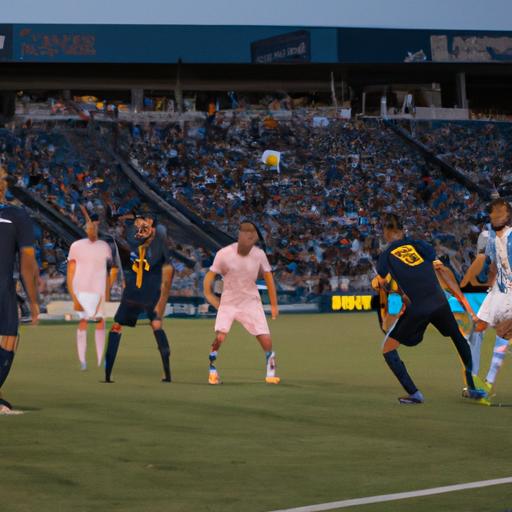 LA Galaxy and New York City FC players battling it out on the field, displaying their lineup strategies.