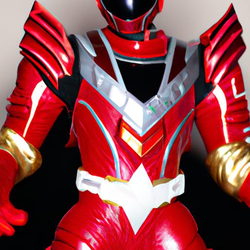 The intricate suit design of the Lost Galaxy Red Ranger, highlighting the iconic red color and unique emblem.