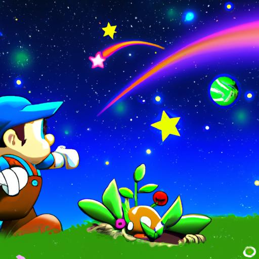Mario jumps amidst the whimsical flora of Gusty Garden Galaxy, determined to find the secret star.