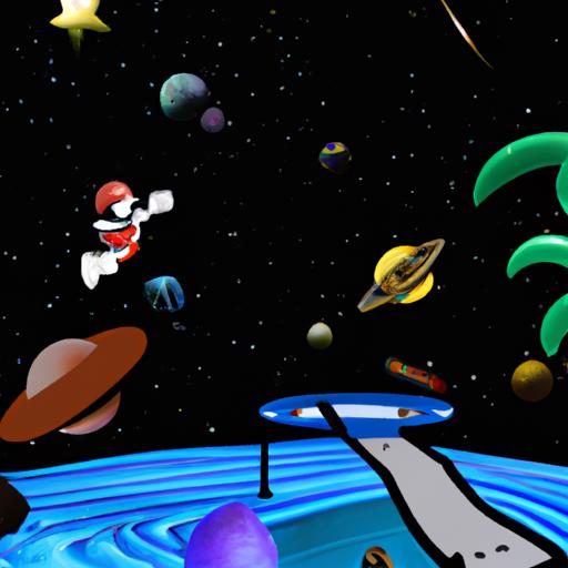 Mario defies gravity and conquers cosmic obstacles while searching for the secret star in the Beach Bowl Galaxy, as depicted in this awe-inspiring image.