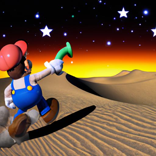Mario courageously navigates the Dusty Dune Galaxy's challenges, driven by his determination to discover the secret star.