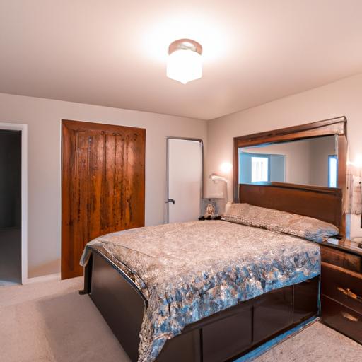 The elegant master bedroom with an ensuite bathroom at 14955 Galaxie Ave in Apple Valley, MN 55124.
