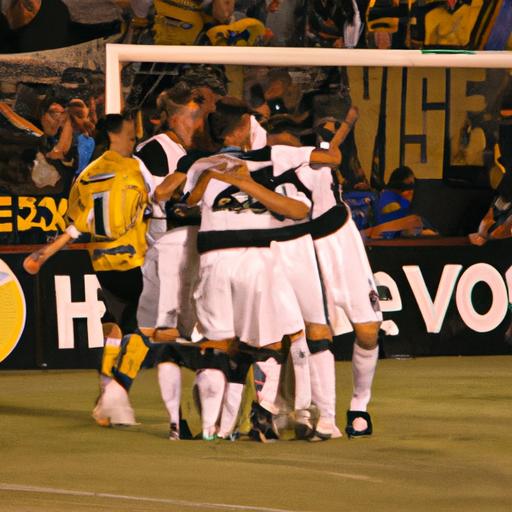 New Mexico United players celebrating a decisive goal against LA Galaxy II.