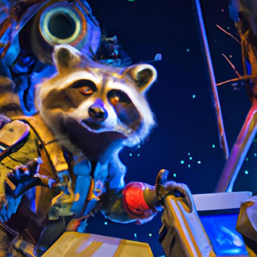 Rocket Raccoon, a beloved character from Guardians of the Galaxy, welcomes visitors on the ride at Disneyland.
