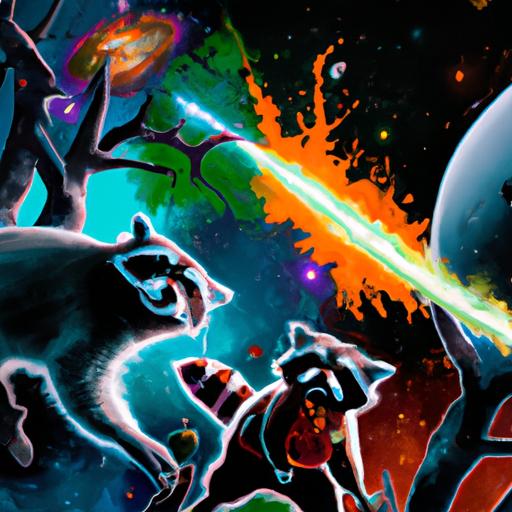 Rocket Raccoon and Groot fight against cosmic threats in the vastness of space.