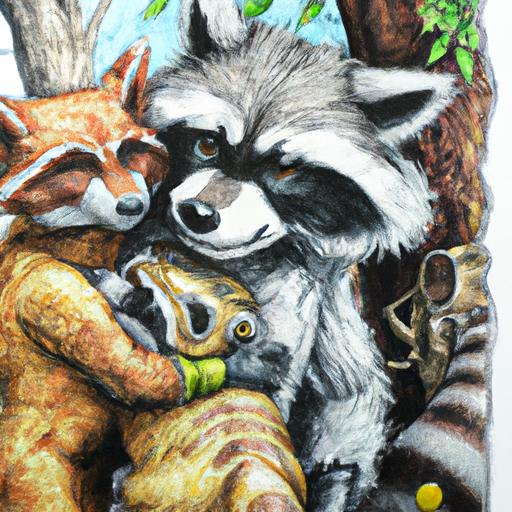 Heartwarming traditional fan art showcasing the inseparable duo, Rocket Raccoon and Groot, on one of their thrilling escapades.