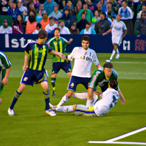 Action-packed moment during the intense match between Seattle Sounders and LA Galaxy.
