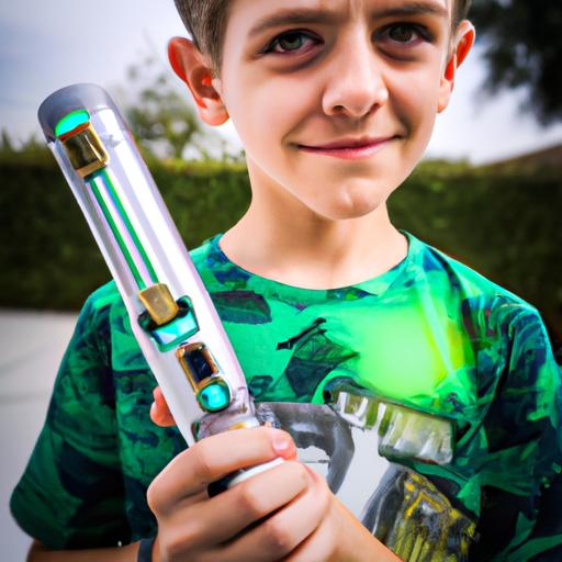 A young fan proudly shows off their new Galaxy's Edge Legacy Lightsaber at the Star Wars: Galaxy's Edge immersive experience.