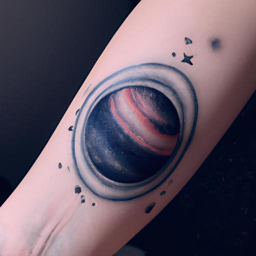 An individual proudly displaying their planet and galaxy tattoo, representing their connection to the universe