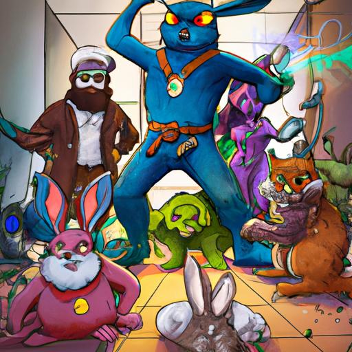 The Guardians of the Galaxy engage in an intense battle while the mischievous floor rabbit looks on.