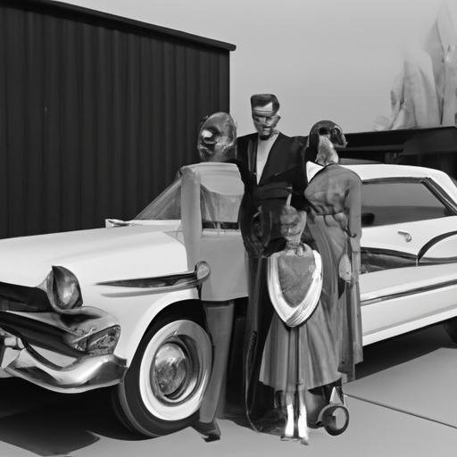 A nostalgic moment frozen in time, as a family poses with their new 1959 Ford Galaxie 500.